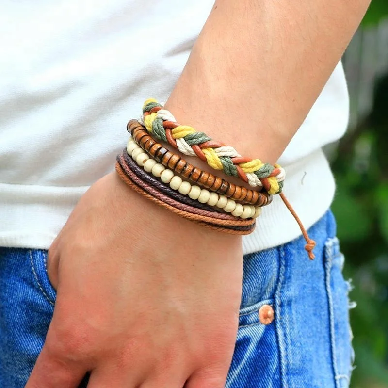 Wooden Beads Hemp Rope Leather Mixed Multilayer Bracelets Bangles,Adjustable Stretchable Leather Braid Bracelets