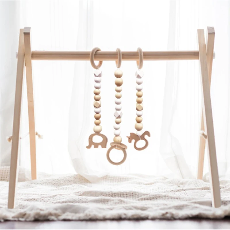 Wood Baby Gym with 3 Wooden Baby Teething Toys Foldable Baby Play Gym Frame