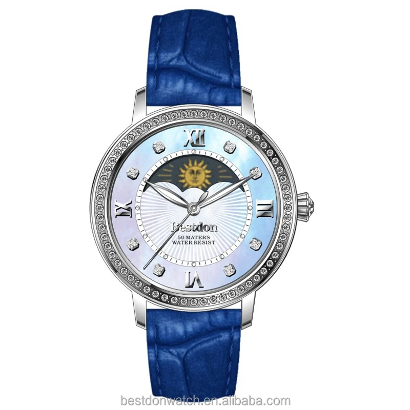 High quality japan movement diamond moon phase watch for women
