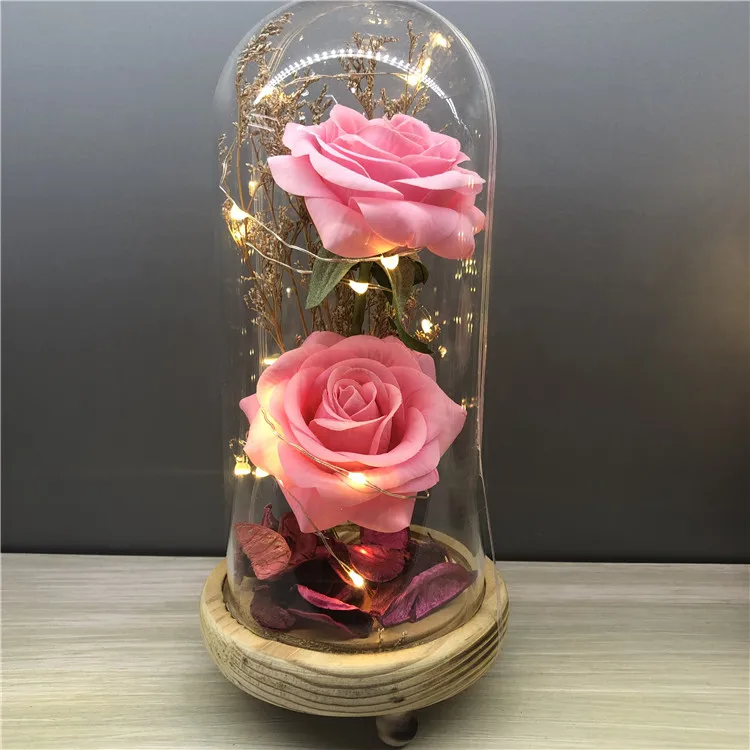 Высококачественная искусственная Шелковая Роза в стеклянном куполе со светодиодной подсветкой две головки розы цветы подарок на день Святого Валентина