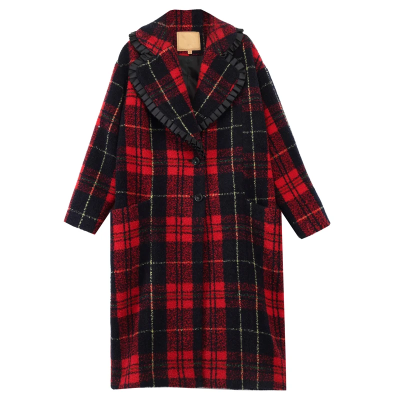 Maxnegio Long Woolen Coat Vintage Outdoor Jacket Lattice Women Fancy Overcoat