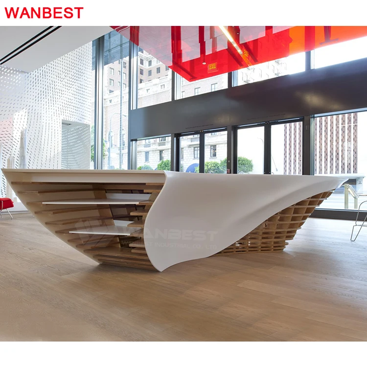 Wooden Curved Restaurant Spa Clinic Shop Cashier Counter Acrylic Beauty Salon Spa Reception Desk Marble Front Counter