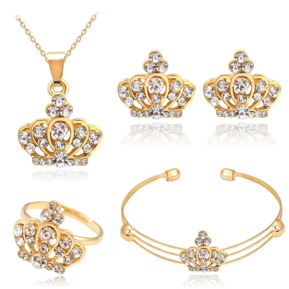 Factory wholesale crown full diamond luxury necklace bracelet earrings ring dubai gold jewelry set for women