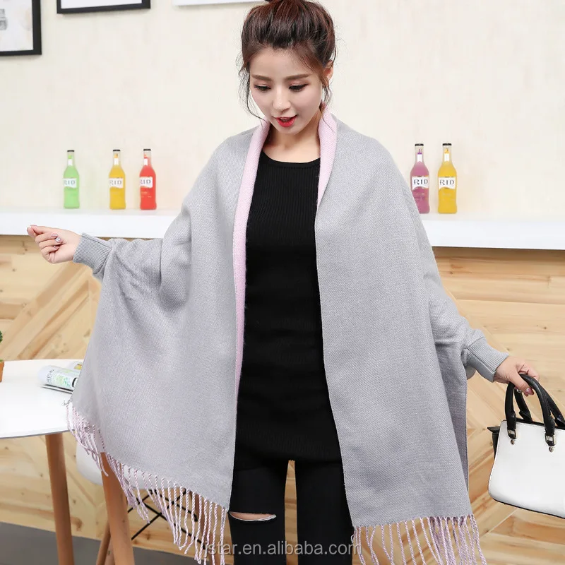 newest women two-sided plain color pashmina shawls with sleeve