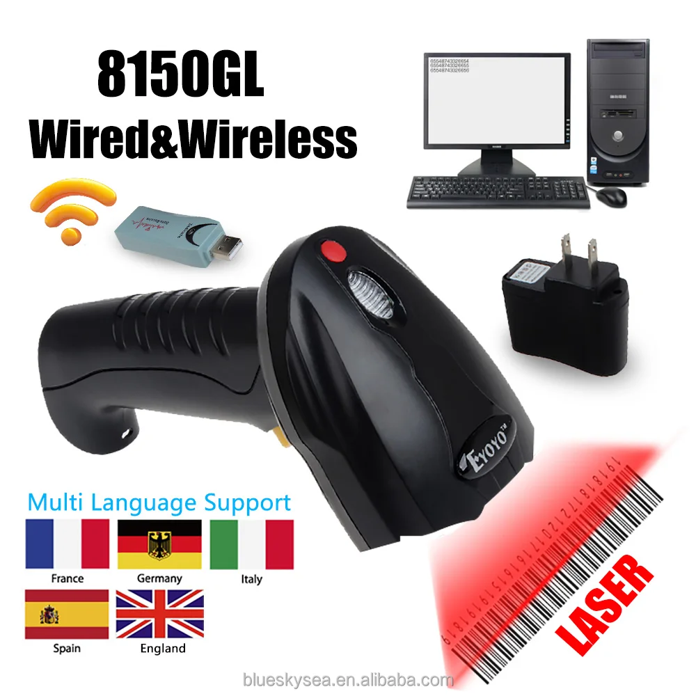 Scans Barcode Labels Reading Range Up to 10M Eyoyo 8150GL 2.4G High Speed Wireless USB Laser Scanner