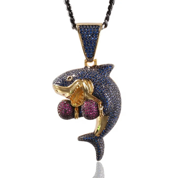 
Brass Custom Cartoon Shark Necklace HipHop Full Iced Out Shark Pendant 