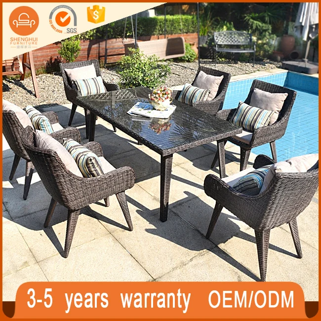 
Luxury Cheapest Space-Saving Outdoor Round Gray Rattan Wicker Dining Table And 6 Chairs Vocation Restaurant Furniture 