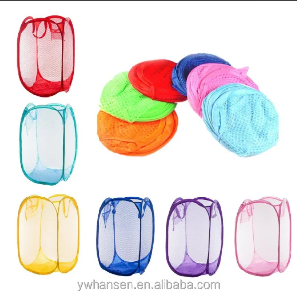 HS- Foldable Pop Up Mesh Washing Laundry Basket Hamper Bag Bin Tidy Clothes Storage