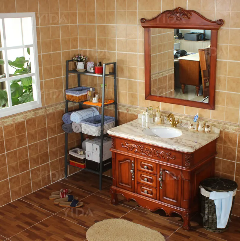 Foshan factory waterproof wood antique bathroom cabinet solid wood classic bathroom vanity cabinet