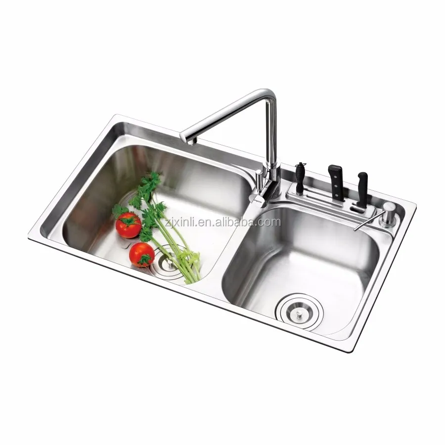 82*45CM SUS304 Stainless Steel Countertop Double Bowl Kitchen Sink with Knife Holder X26152