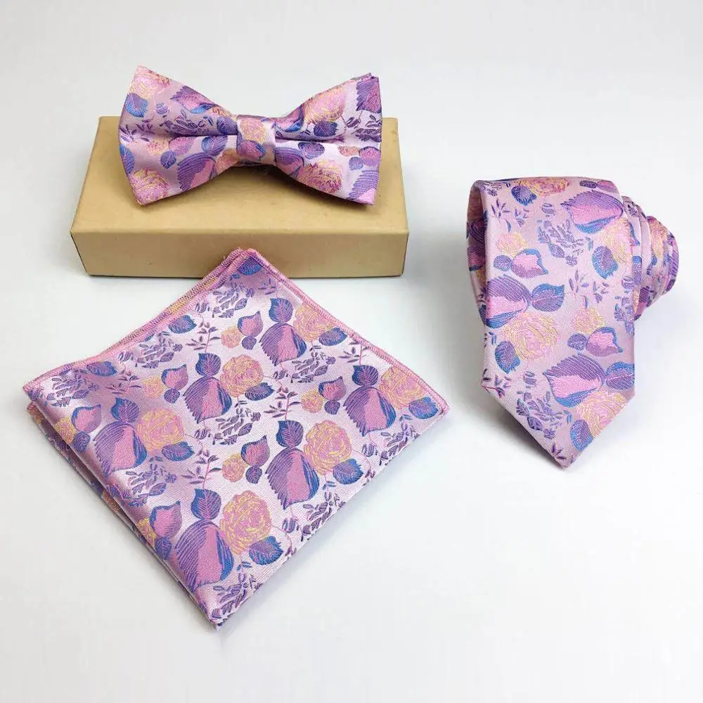 
high quality floral necktie set with bow tie and pocket square for party 