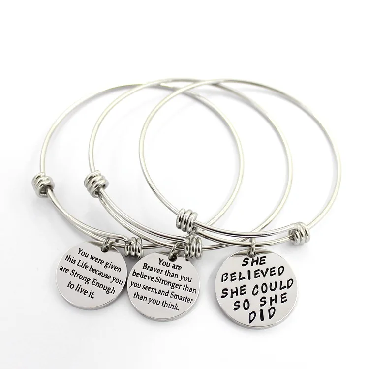 Womens Silver Stainless Steel message bracelet Engraved Message Motivational Inspirational Words Round Charm bracelet