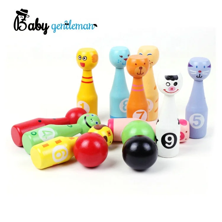 Hot selling kids indoor sports toy colorful cartoon animal wooden bowling set Z01316A