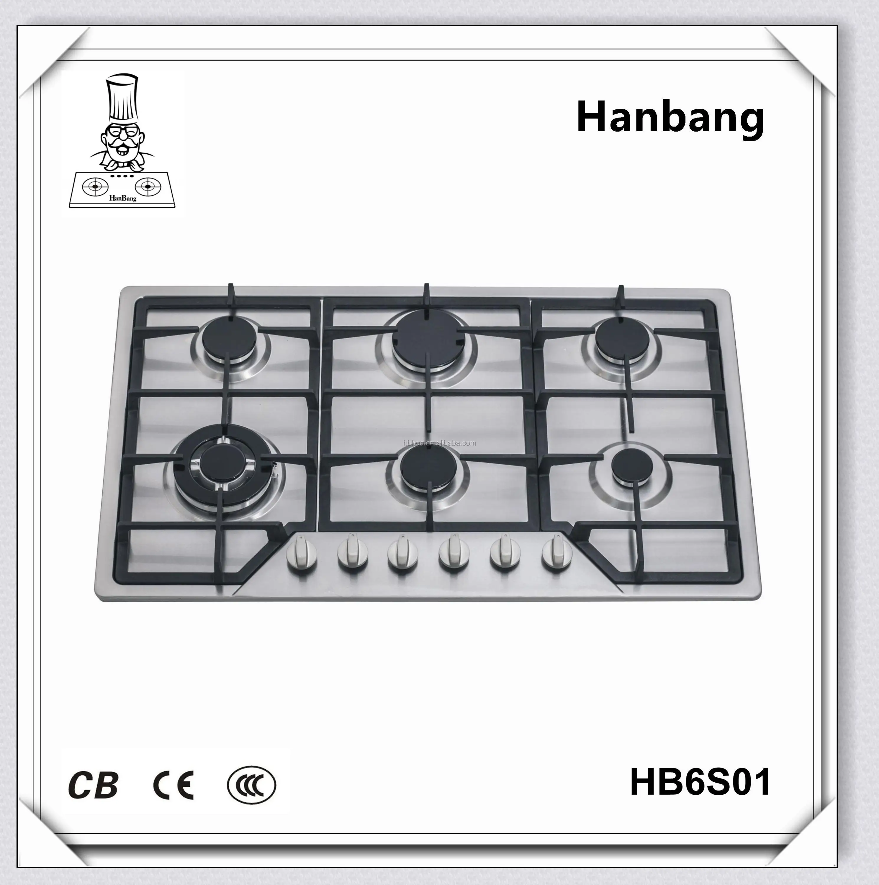 Zhongshan Hanbang Home Appliance Stainless Steel 6 Burners 90cm Gas Hob/Gas Cooktop/Gas Stove