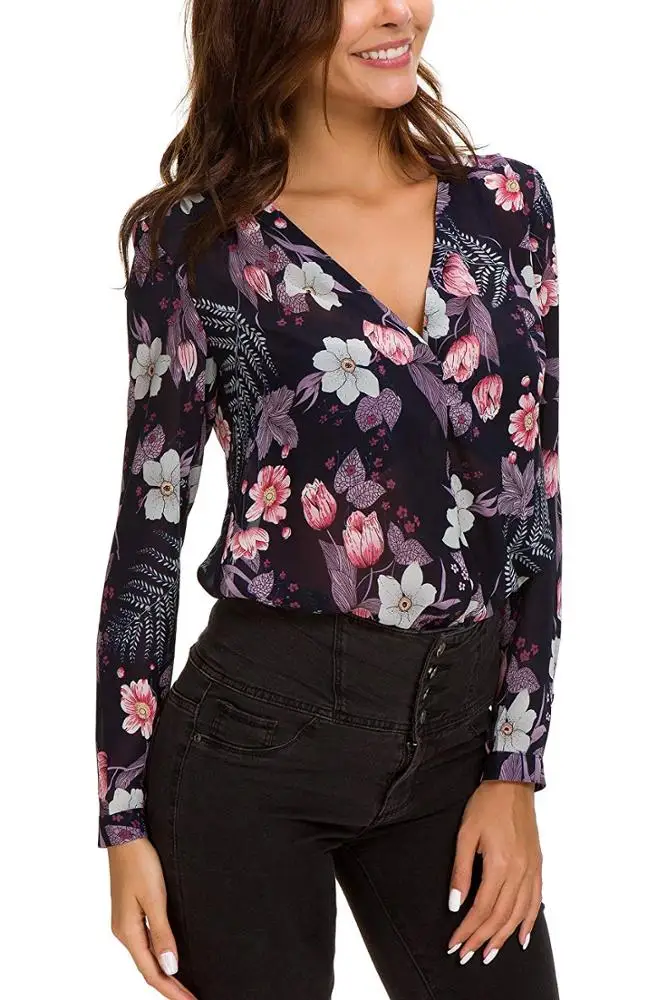Hot Sale Fashion OEM Blouse Floral Printing Top Neckline Women Lady