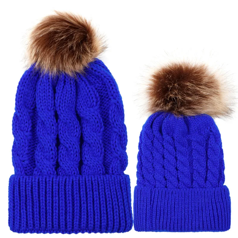 Mom Baby Kid Winter Warm Fox Fur Ball Beanie Hat Mommy boys Mother Daughter Cotton Knitted Parent Child Hat
