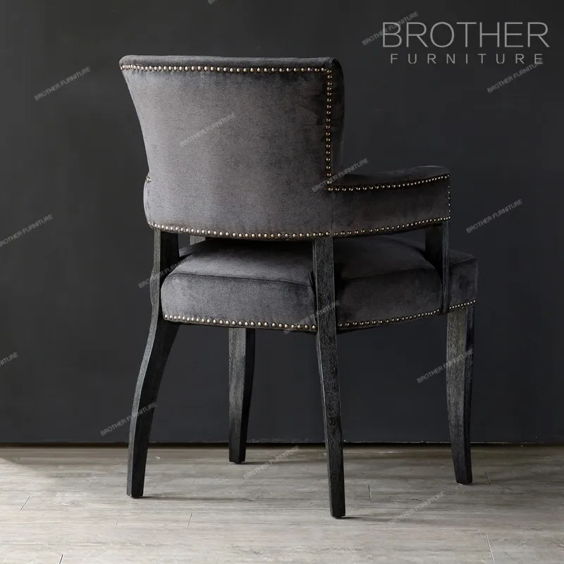 Black antique wood fabric cushion chair with armrest for dining room