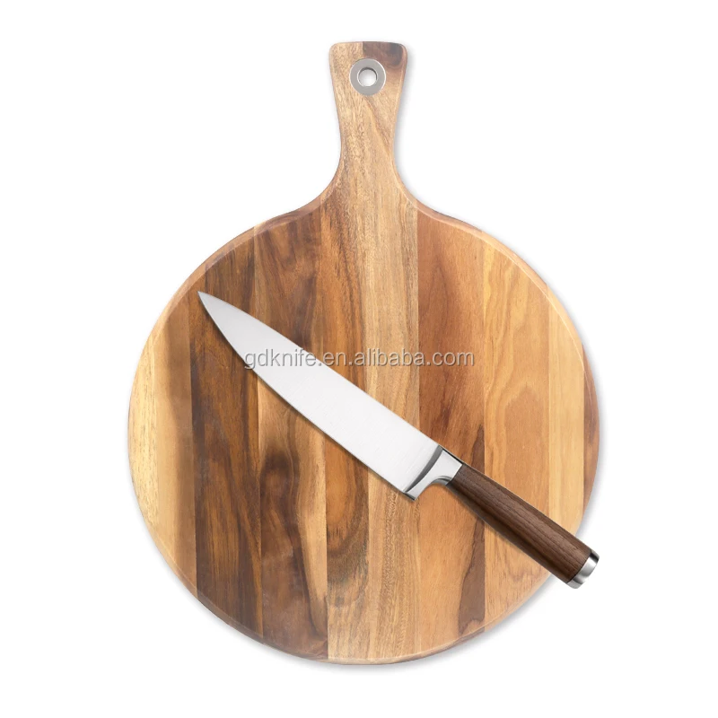 Round shape high quality natural acacia wood chopping board with handle