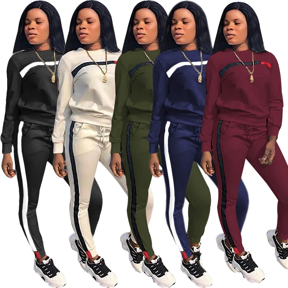 
2021 New Arrivals Fashion Women Casual O-Neck Long Sleeve Sweater Tops long Pants Front Side Striped 2 Piece Set Tracksuit 