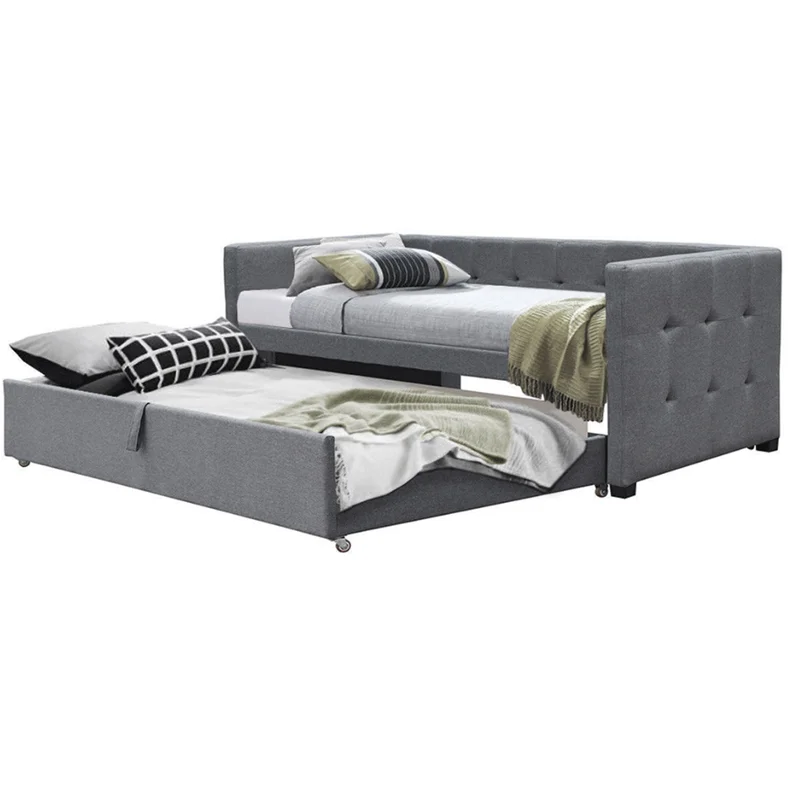 Single size Grey Charcoal Fabric Upholstered Day Bed with Pull Out Guest Trundle Bed