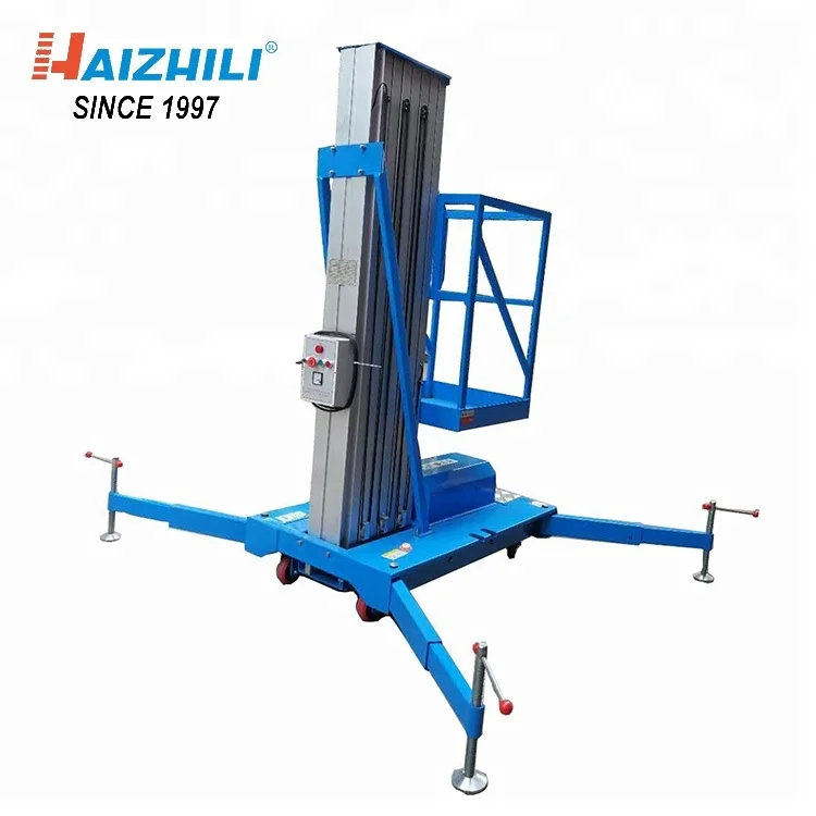 Factory Direct Sell Mobile Elevated Lift Platform 125kg Aluminum Aerial Work Platform 0.62m-1.58m Table Size Single Mast Blue