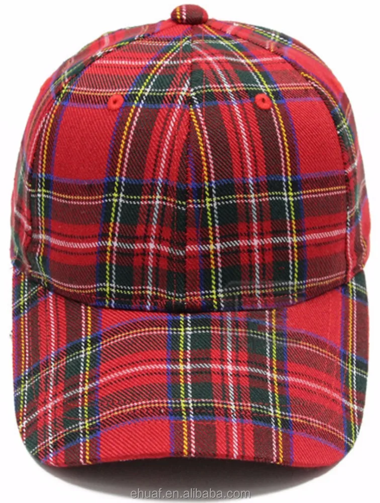New adjustable strap closure peaked 6 panel structured baseball red grid plaid fashion caps hats