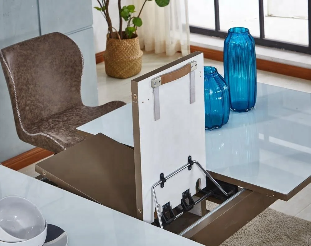 Modern Large Extendable Adjustable Tempered Glass Top Dinning Table Wooden Kitchen Dining Room Table With Glass Top Designs