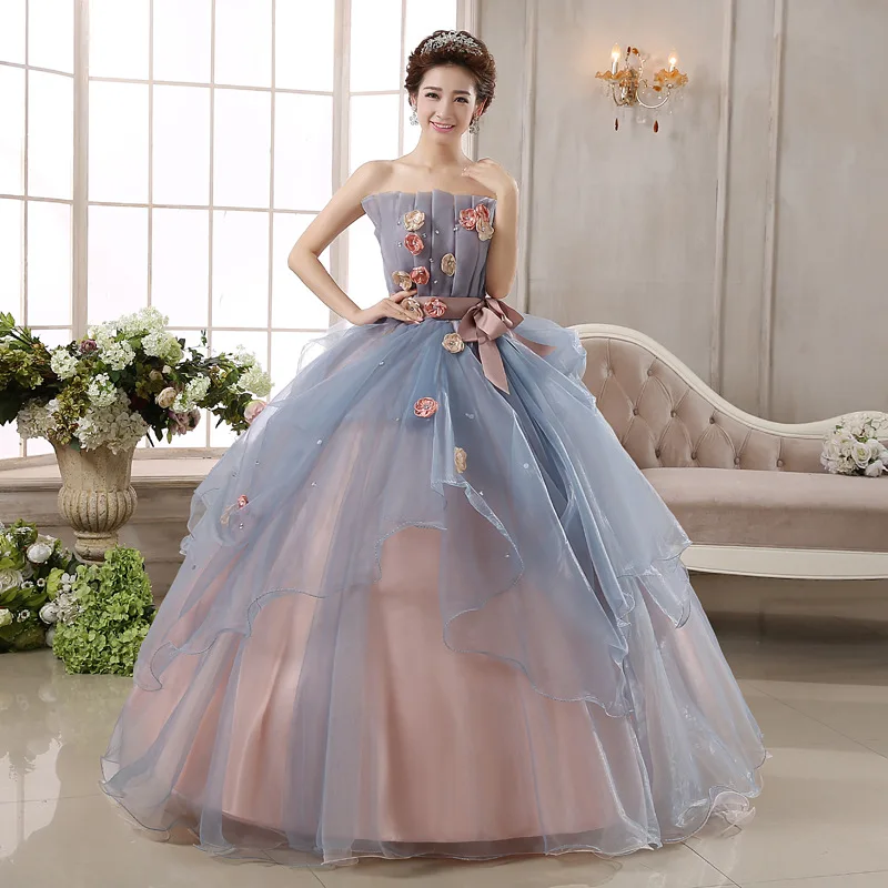 Luxury Handmade Light Gray Flowers Wedding Dress Latest Mariage Ball Gowns Colored Wedding Gowns