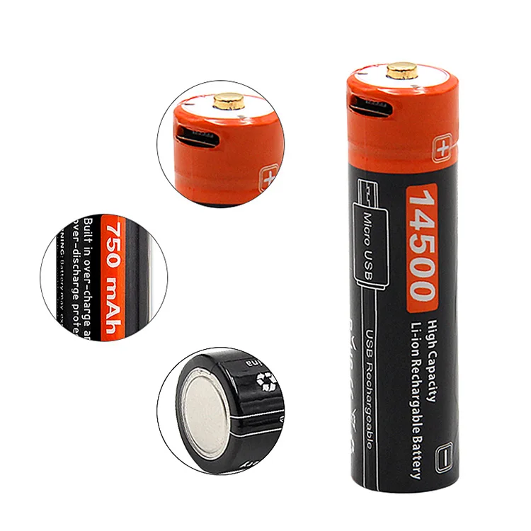 New Function aa size 14500 3.7v 750mAh usb rechargeable lithium li ion battery with micro usb charging port and PCB PCM Circuit