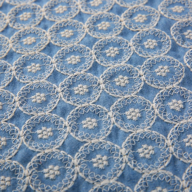 
2020 fancy denim embroidery fabric circle blue embroidered fabric 100 cotton 