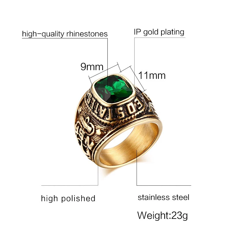 YWMT 2019 Wholesale Vintage Dubai Gold Gemstone Ring Stainless Steel Ring For Men