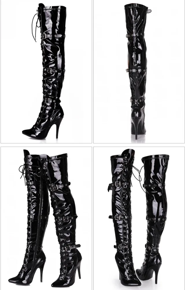 Custom PU 12cm high heel sexy boots lady overknee lace up boot with larger sizes
