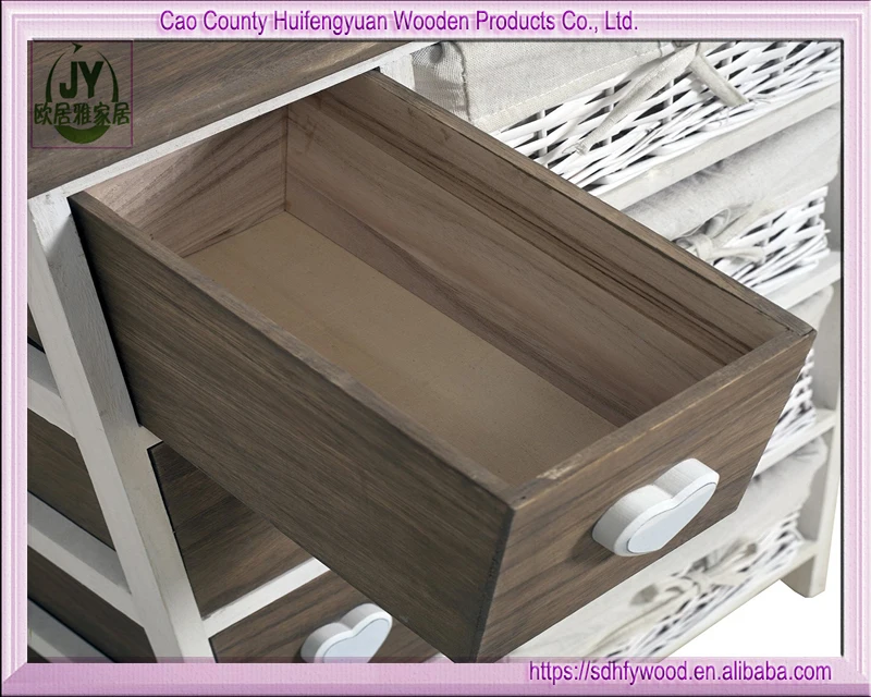 Wooden Drawer Cabinet Bedside Units Storage Willow Basket Wicker Chest white and brown