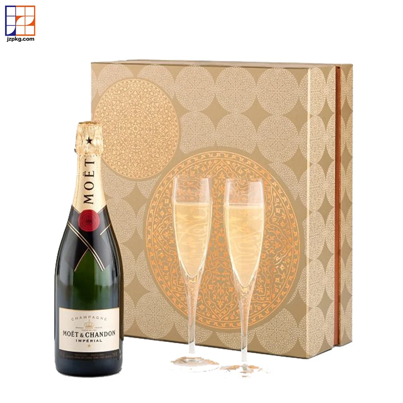 Custom logo pink premium packaging gift box for champagne bottle and glasses