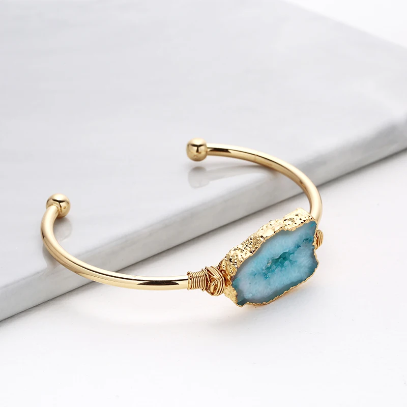 Bojiu Druzy Amethyst Natural Stone Gold Wrapped Bangle Bracelet