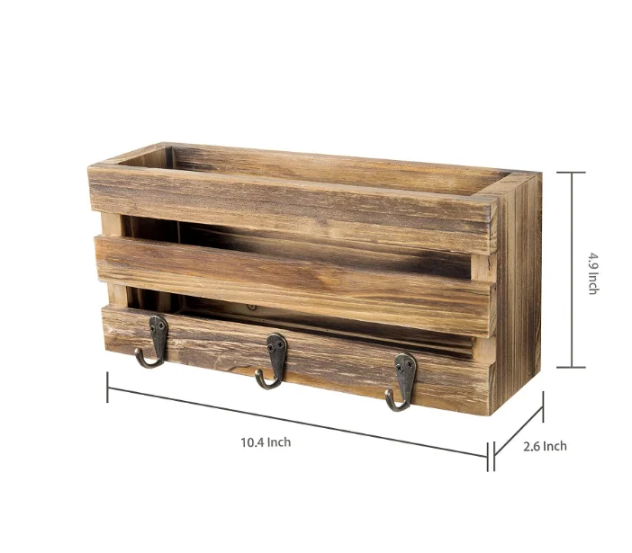 Country Rustic Crate-Style Wall Mounted Mail Sorter with 3 Key Ring Hooks