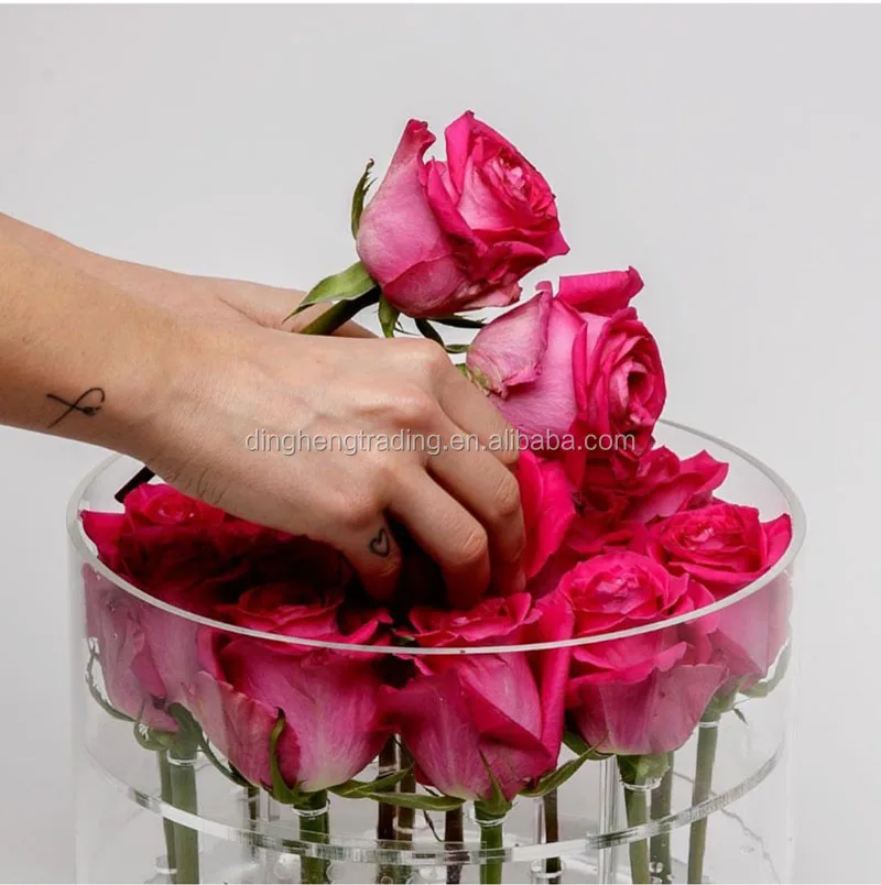 Custom Luxury Clear Acrylic Flowers Round Box with Square Ring Box