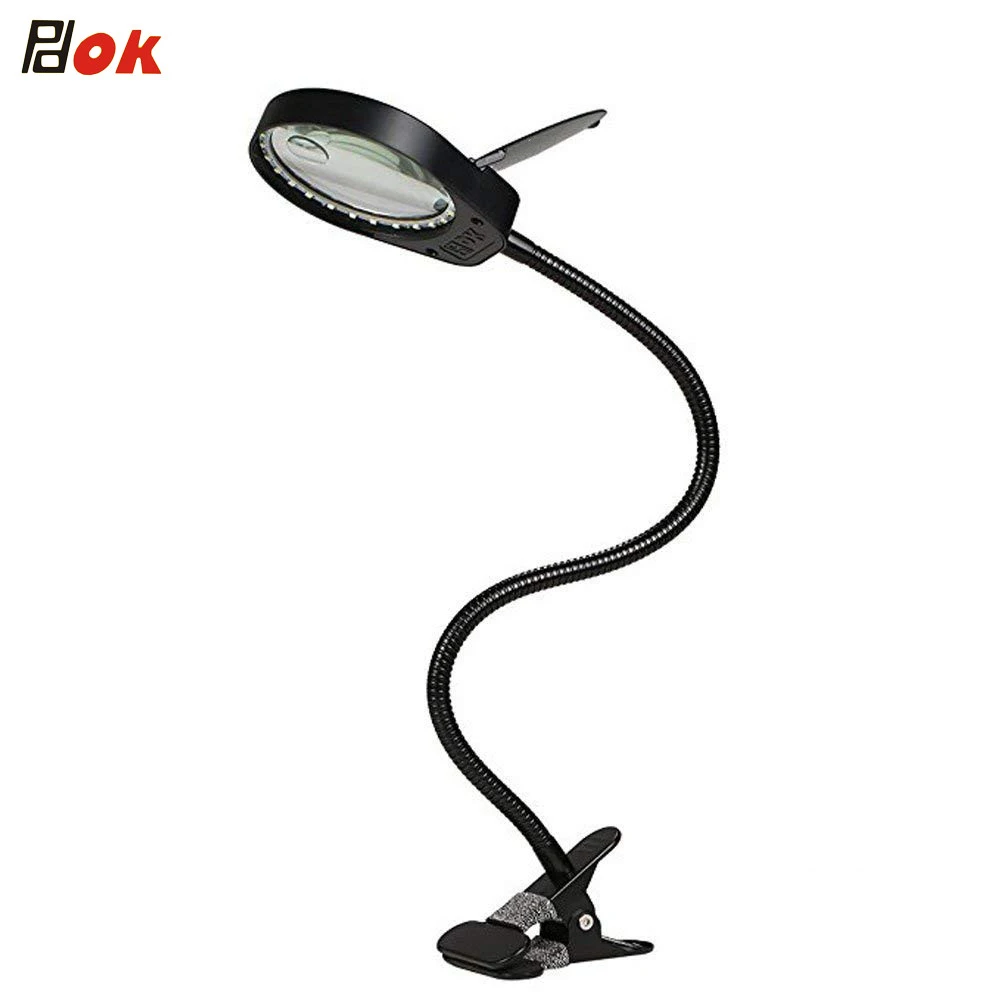 PDOK factory hot sale gooseneck clip reading lamp dual lens magnifier LED light bed light USB desk lamp