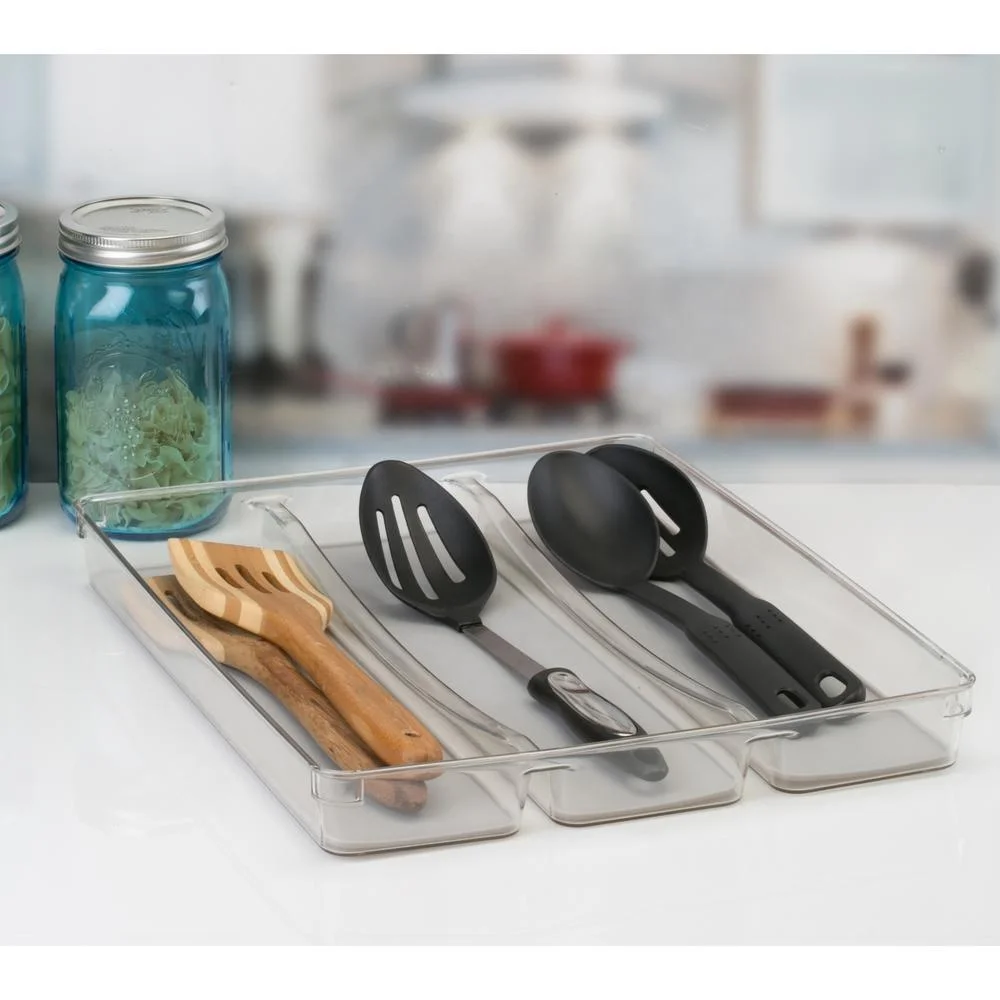 ZNF00090 Clear Plastic 3 Compartment Cutlery Tray Silverware Organizer Utensil Holder for Drawer with Rubber Liner for