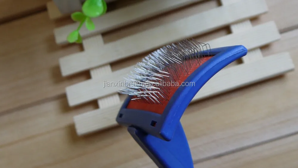 Bent Plastic Anti Slip Handle Pet Dog Cat Animal Puppy Poodle Hair Grooming Removal Shedding Steel Pins Slicker Brush