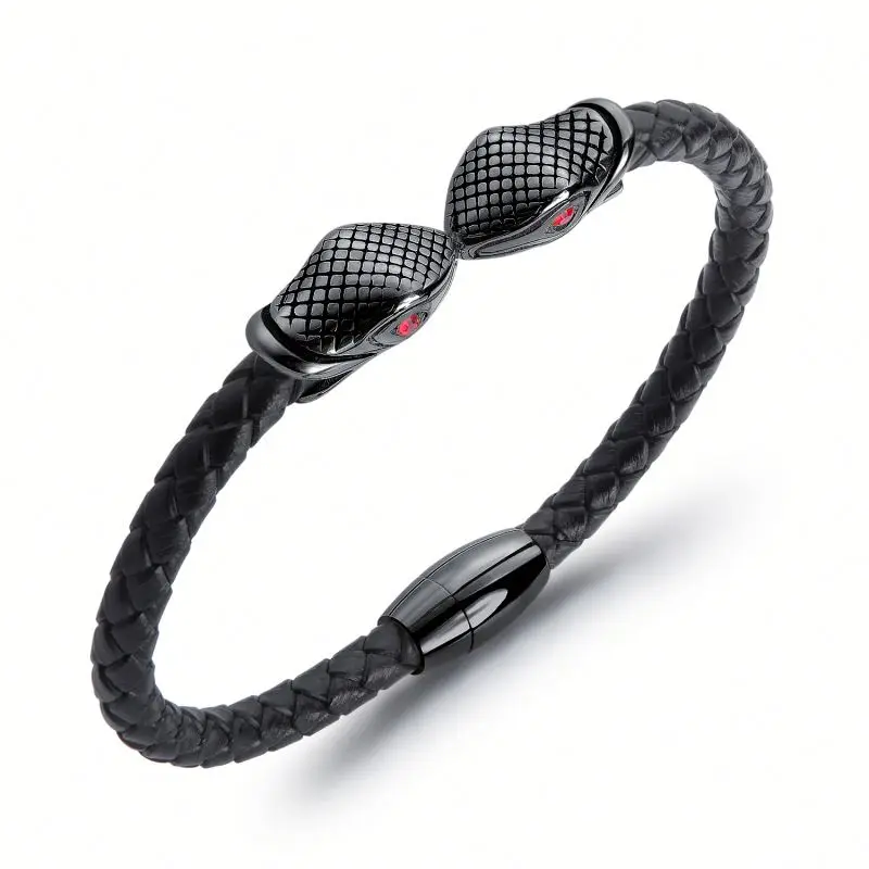 Custom Wholesale Mens Jewelry Braided Leather Stainless Steel Black Double Snake Bangle