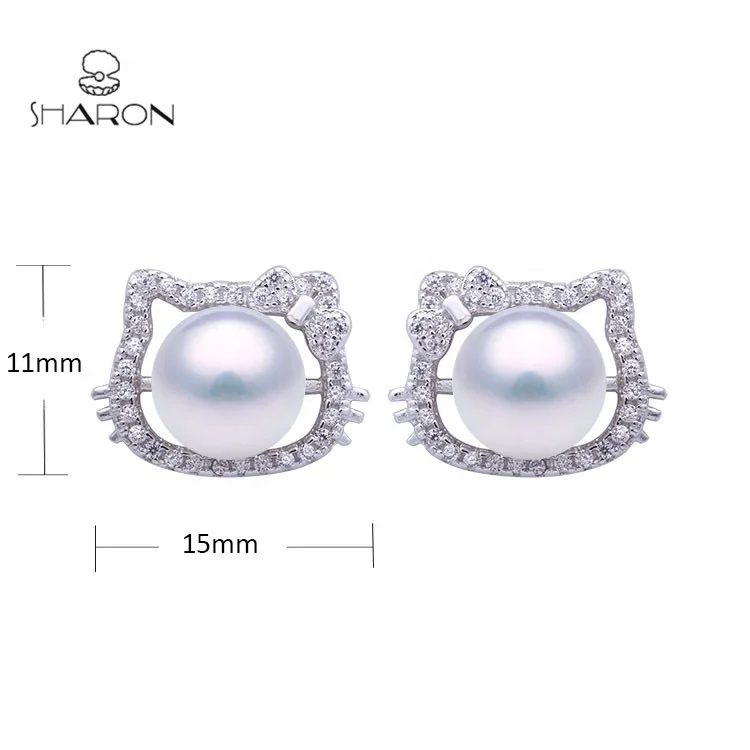 2020 Wholesale Latest Design Girl Jewelry Hello Kitty 925 Sterling Silver Cute Cat Pearl Stud Earrings