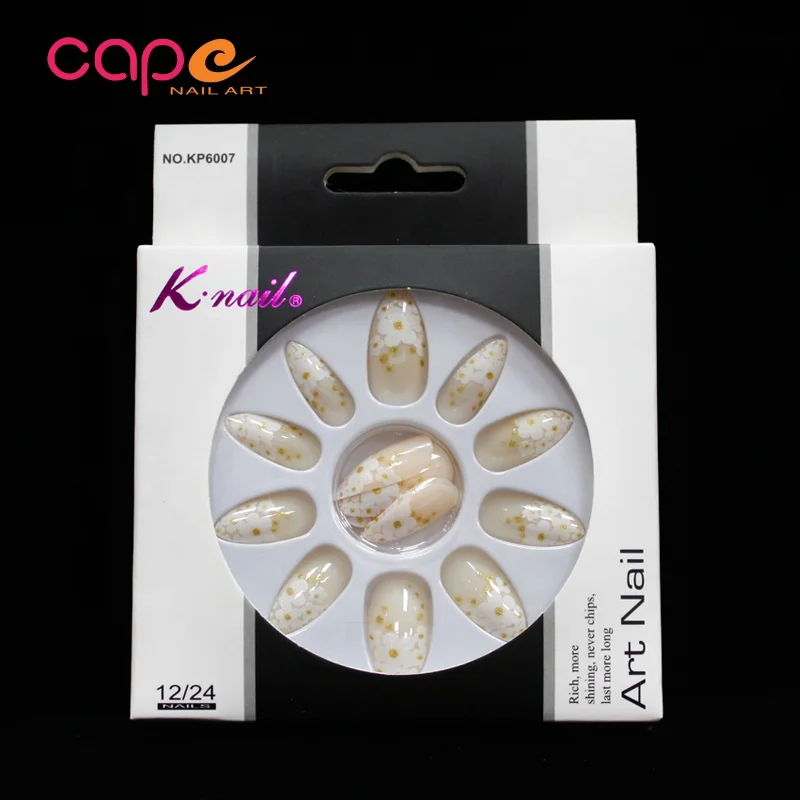 
Art Almond False Nails False Stiletto Gold Glitter Flower Painting 24 Long Tips 
