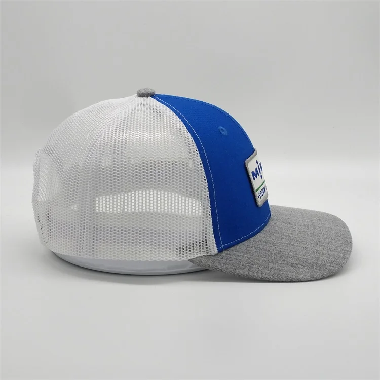 Wholesale Custom High Quality 6 Panel Cotton Twill Royal Blue American Flag Embroidery Patch Mesh Snap Back Trucker Caps Hat