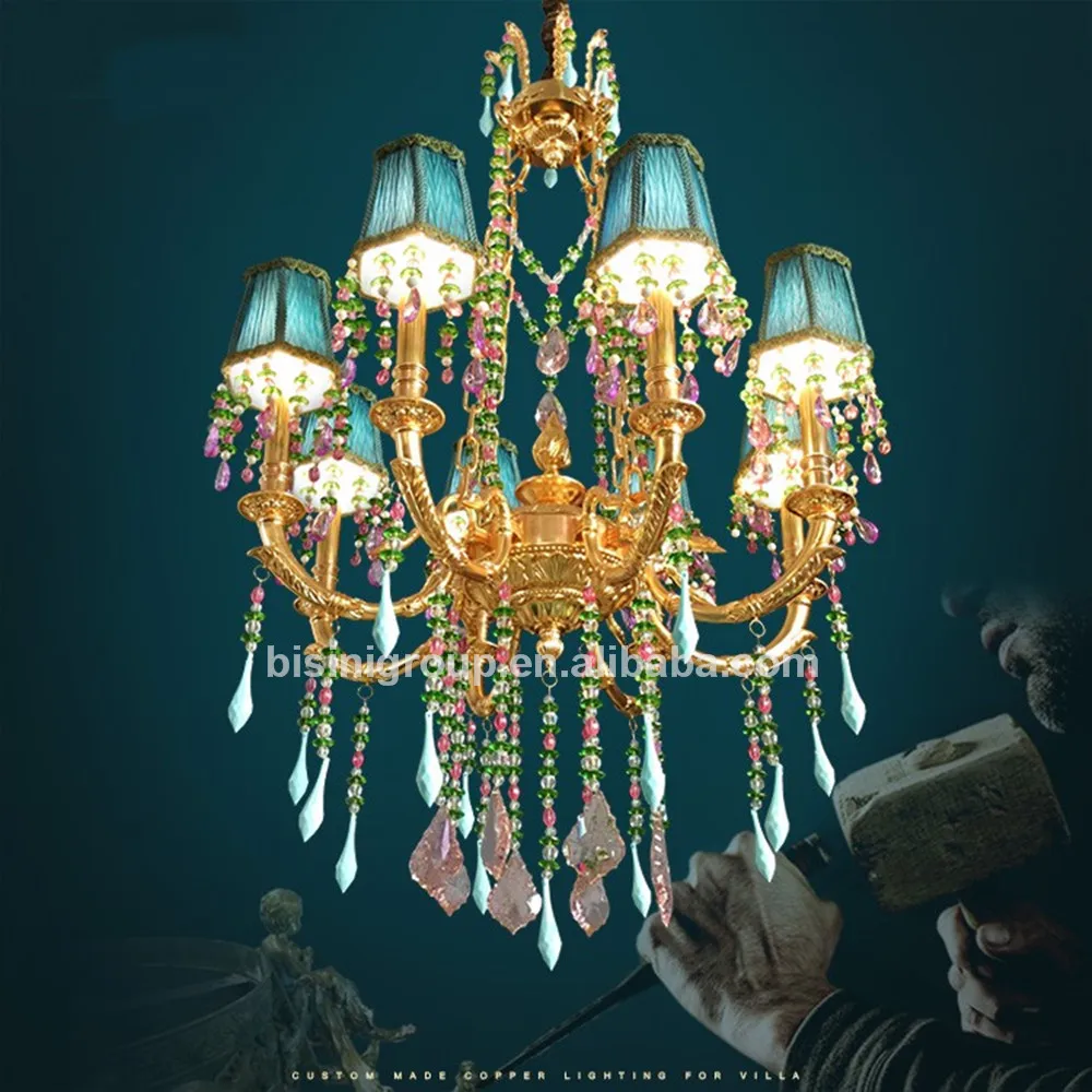 European Style green lampshade 8 arms crystal chandelier copper living room LED lighting purple Ceiling light(BY08-T10014-8)