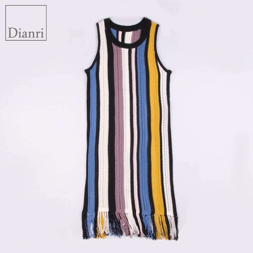 
lady sleeveless multicolour knit fringe hem rainbow long dress 