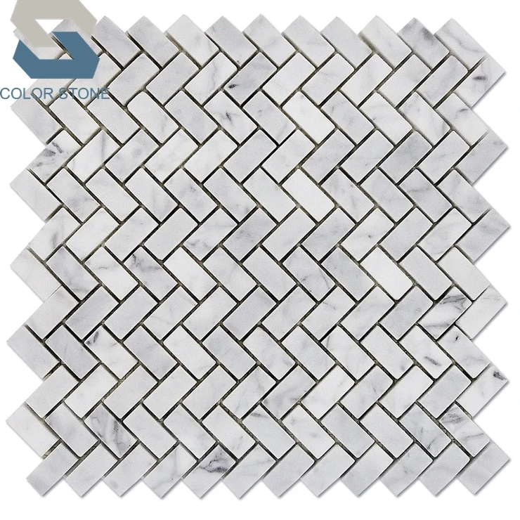 Carrara herringbone marble mosaic shower tile wall bathroom remodel design