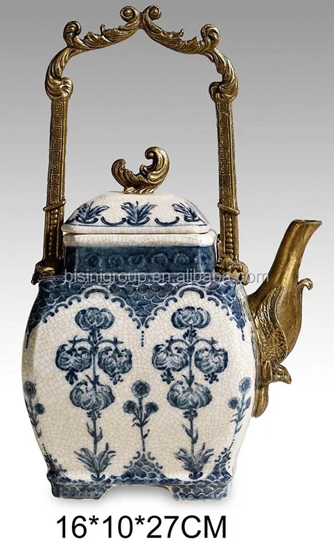 Luxury Antique Gilt Brass Cherub Pedestal Candleholder with Elegant Handpaint Blue and White Porcelain BF11-01303a