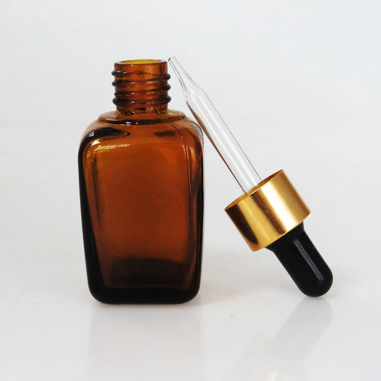 
30ml 50ml Square Empty Essential Oil Amber Glass Dropper Bottle With Gold Screw Cap 