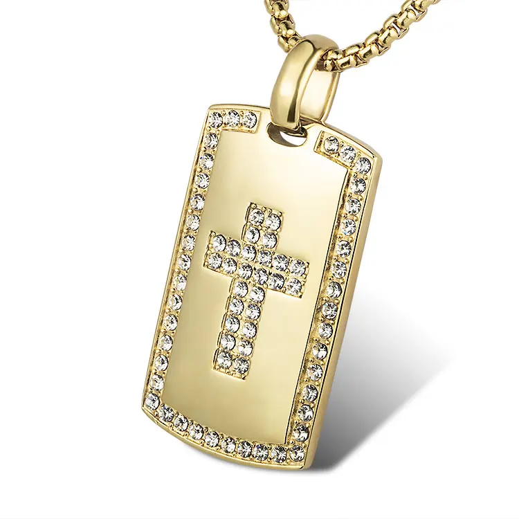 Promo Dog Tag Pendant High Quality Hip Hop Men Stainless Steel Gold Plating CZ Cross Piece Pendant